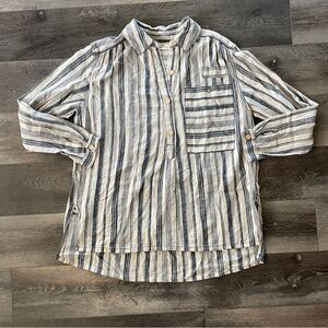 Free People Summer Breeze Striped Linen Henley Tunic Shirt Top Small Blue White